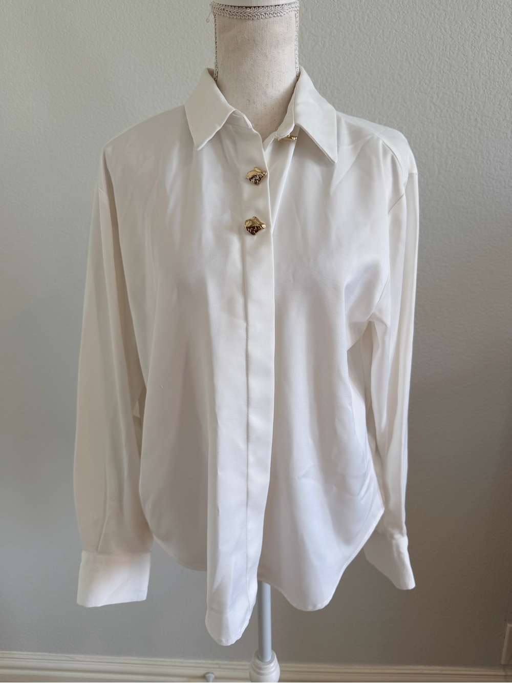Zara Ivory Button-Front Silky Shirt with Gold Buttons